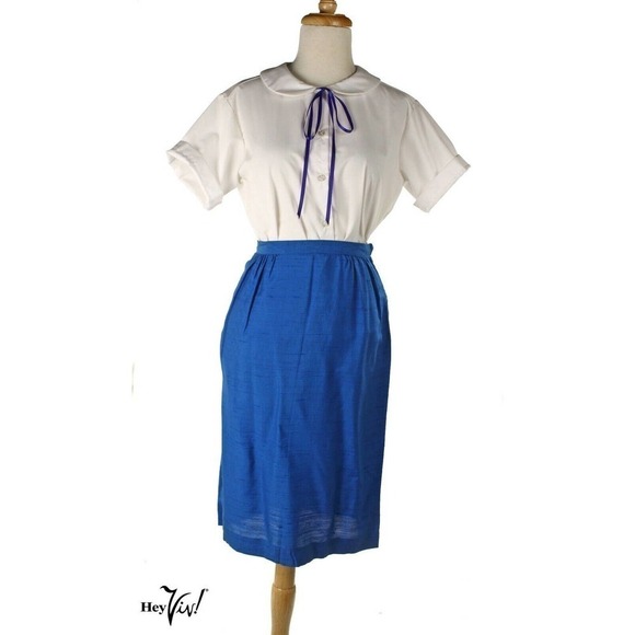 Vintage Pencil Skirt Blue Slubbed Silk Fitted Style Waist 25 Length 25 - Hey Viv - Picture 1 of 6